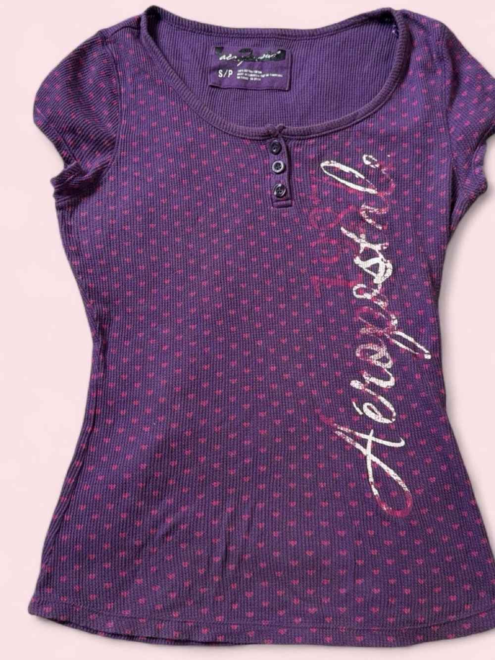 Y2k Aeropostale Purple Short Sleeve Henley with Pink Heart Print and Script